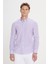 Erkek Beyaz-Lila Slim Fit Dar Kesim Gizli Düğmeli Yaka Pamuklu Çizgili Gömlek 1