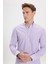 Erkek Beyaz-Lila Slim Fit Dar Kesim Gizli Düğmeli Yaka Pamuklu Çizgili Gömlek 3