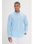 Erkek Beyaz-Turkuaz Slim Fit Dar Kesim Gizli Düğmeli Yaka Pamuklu Çizgili Gömlek 1
