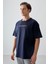 Lacivert %100 Pamuk Kalın Yumuşak Dokulu Oversize Fit Baskılı Erkek T-Shirt - 88358 1
