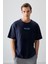 Lacivert %100 Pamuk Kalın Yumuşak Dokulu Oversize Fit Baskılı Erkek T-Shirt - 88359 1