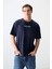 Lacivert %100 Pamuk Kalın Yumuşak Dokulu Oversize Fit Baskılı Erkek T-Shirt - 88356 2