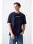 Lacivert %100 Pamuk Kalın Yumuşak Dokulu Oversize Fit Baskılı Erkek T-Shirt - 88356 4