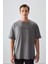 Koyu Gri %100 Pamuk Kalın Yumuşak Dokulu Oversize Fit Baskılı Erkek T-Shirt - 88361 1