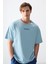 Açık Mavi %100 Pamuk Kalın Yumuşak Dokulu Oversize Fit Baskılı Erkek T-Shirt - 88354 3