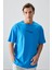 Petrol Mavi %100 Pamuk Kalın Yumuşak Dokulu Oversize Fit Baskılı Erkek T-Shirt - 88361 1