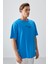 Petrol Mavi %100 Pamuk Kalın Yumuşak Dokulu Oversize Fit Baskılı Erkek T-Shirt - 88361 4