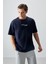 Lacivert %100 Pamuk Kalın Yumuşak Dokulu Oversize Fit Baskılı Erkek T-Shirt - 88361 4