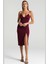 Bordo V Yaka Yırtmaçlı Saten Elbise MG1742 3