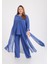 Büyük Beden Indigo Renkli Şifon Abiye Pantolon Tunik Takım 2