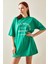 Yeşil Bisiklet Yaka Yazılı Midi Oversize T-Shirt 5YXK1-48207-08 1