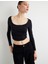 Uzun Kollu Crop Tişört U Yaka Drape Detaylı 2