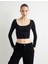 Uzun Kollu Crop Tişört U Yaka Drape Detaylı 3