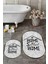 Dijital Baskılı Yıkanabilir Home Sweet Yazılı Ikili Oval Banyo Halısı Paspas, Klozet-14-Gri, 2