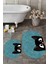 Dijital Baskılı Yıkanabilir Kedi Desenli Ikili Banyo Halısı Paspas Oval, Klozet-40-Mavi, 5