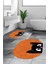 Dijital Baskılı Yıkanabilir Kedi Desenli Ikili Banyo Halısı Paspas Oval, Klozet-40-Turuncu, 2