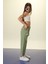 Yeşil Beautiful Yazılı Geniş Paça Kız Çocuk Keten Pantolon 18445 2