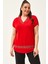 Kadın Büyük Beden Yaka ve Etek Leopar Taş Detay Kırmızı Bluz 1