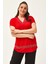 Kadın Büyük Beden Yaka ve Etek Leopar Taş Detay Kırmızı Bluz 3