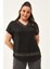 Kadın Büyük Beden Yaka ve Etek Leopar Taş Detay Siyah-Kahve Bluz 5
