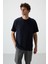 Lacivert Waffle İnterlok Yüzeyi Dokulu Oversize Fit Basic Erkek T-Shirt - 88379 1