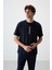 Lacivert Pamuklu Kalın Yüzeyi Dokulu Oversize Fit Baskılı Erkek T-Shirt - 88366 1