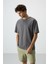 Koyu Gri Pamuklu Kalın Yüzeyi Dokulu Oversize Fit Baskılı Erkek T-Shirt - 88369 4