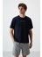 Lacivert Pamuklu Kalın Yüzeyi Dokulu Oversize Fit Baskılı Erkek T-Shirt - 88364 1