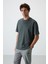 Haki Pamuklu Kalın Yüzeyi Dokulu Oversize Fit Baskılı Erkek T-Shirt - 88370 4