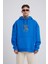 Erkek Naskışlı Kapüşonlu Oversize Saks Sweatshirt 2