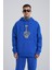 Erkek Middle Finger Baskılı Kapüşonlu Oversize Saks Sweatshirt 1