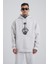 Erkek Middle Finger Baskılı Kapüşonlu Oversize Açık Gri Sweatshirt 1