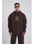 Erkek Naskışlı Kapüşonlu Oversize Kahverengi Sweatshirt 1