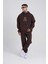 Erkek Naskışlı Kapüşonlu Oversize Kahverengi Sweatshirt 3
