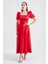 Kadın Kırmızı Kare Yaka Balon Kollu Midi Abiye Elbise 2