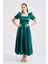 Kadın Zümrüt Yeşili Kare Yaka Balon Kollu Midi Abiye Elbise 2