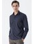 Lacivert Uzun Kollu Baskılı Sert Yaka Cepsiz Pamuklu Klasik Slim Fit Dar Kesim Gömlek 1004235146 3