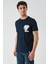 Koyu Lacivert Baskılı Bez Ayağı Bisiklet Yaka %100 Pamuk Casual Slim Fit Dar Kesim T-Shirt 1011240166 5