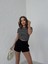 Kadın Siyah Beyaz Çizgili Bisiklet Yaka Burgu Kumaş Basic Kısa Kollu Örme Crop T-Hsirt Body 2