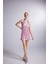 Parlak Kumaşlı Büzgülü Mini Starry Elbise Pembe 1