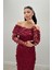 Üç Boyut Çiçekli Kumaş Kayık Yaka Kalem Elbise - Bordo 1