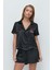 Nakışlı Saten Kısa Kol Şortlu Pijama Takım 033 Siyah 1