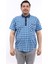 Erkek Büyük Beden Yarım Patlı Lacivert-Turkuaz Ekose Likralı Pamuk Düğmeli Yaka Cepli Kısa Kol Gömlek Kk-8044-Tss 1