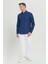 Erkek Indigo Comfort Fit Rahat Kesim Düğmeli Yaka Casual Keten Gömlek 2