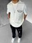 Erkek %100 Pamuk Baskılı Oversize T-Shirt Dokulu Kalın Bisiklet Yaka Ekru 1