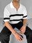 Erkek Yazlık Oversize Fit Fermuarlı Polo Yaka Çizgili Triko T-Shirt Ekru 1