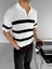 Erkek Yazlık Oversize Fit Fermuarlı Polo Yaka Çizgili Triko T-Shirt Ekru 2