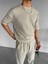 Erkek Yazlık Likralı Esnek Bisiklet Yaka Oversize Desenli Triko T-Shirt Gri 1
