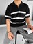 Erkek Yazlık Oversize Fit Fermuarlı Polo Yaka Çizgili Triko T-Shirt Siyah 1
