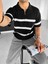Erkek Yazlık Oversize Fit Fermuarlı Polo Yaka Çizgili Triko T-Shirt Siyah 2